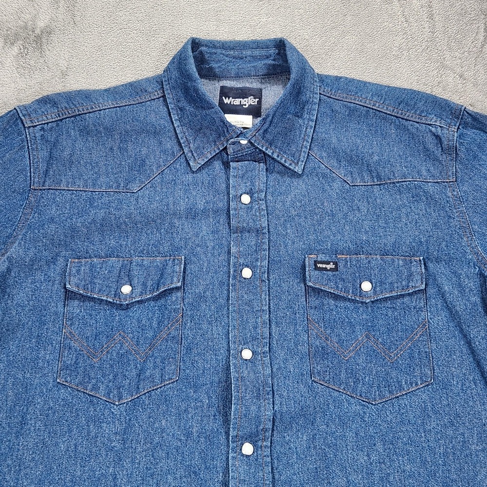 Wrangler Shirt Mens XL Blue Denim Western Pearl Snap Long Sleeve Cowboy Workwear - Picture 5 of 13